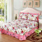 Quilted Floral bedspread in Vintage shabby chic bedroom, featuring ivory duvet cover with bold rose floral print and pink ruffles – LINKORI Rosanova