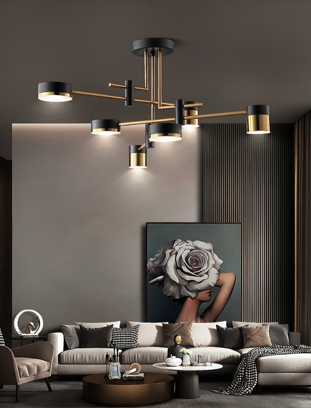 Modern Luxury Living Room with LINKORI WEDJECK NOIR Chandelier – Sculptural Black & Gold Ceiling Light as Architectural Statement