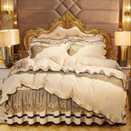 Luxury cream ivory bedding set in velvet fleece with quilted pattern and floral ruffles, elegant duvet cover LINKORI