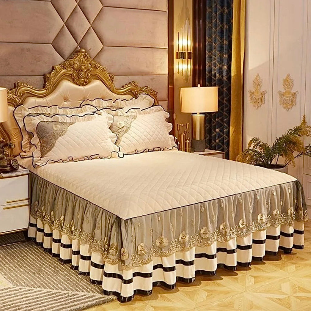 Ivory cream velvet bedding set with golden embroidered florals and quilted fleece, romantic duvet cover collection LINKORI