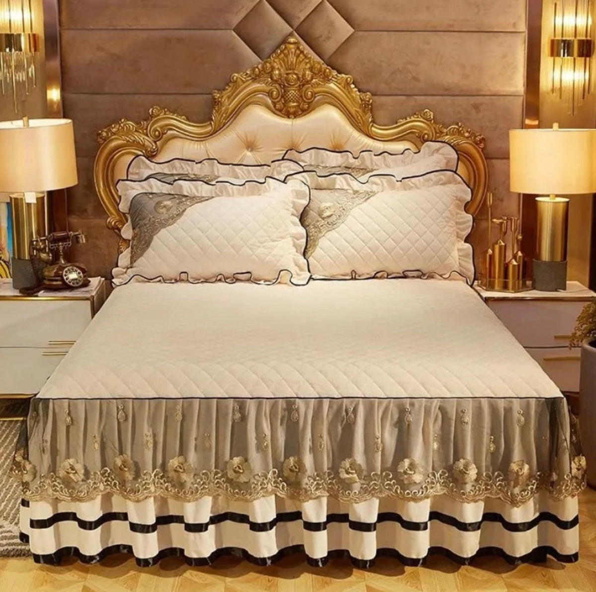 Velvet ivory ruffled duvet cover set with embroidery and quilted design, timeless romantic luxury bedding LINKORI