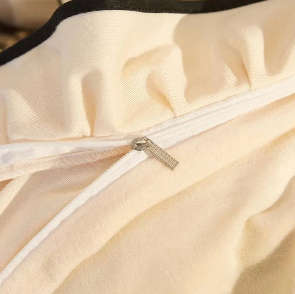 Velvet cream ivory bedding with golden embroidered flowers and plush quilted design, elegant duvet cover set LINKORI