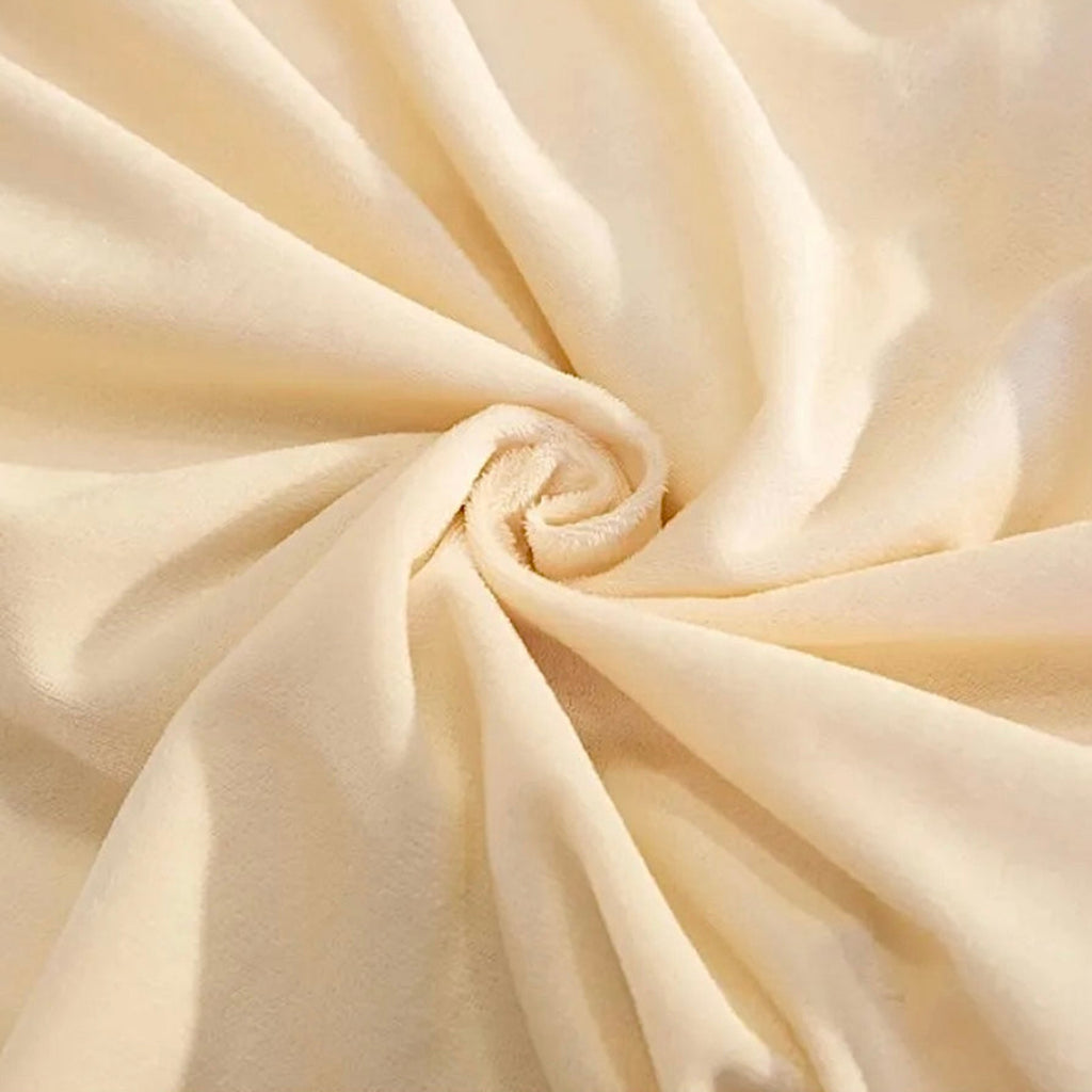 Ivory velvet quilted bedding set with layered ruffles and ornate embroidery, timeless luxury duvet cover collection LINKORI