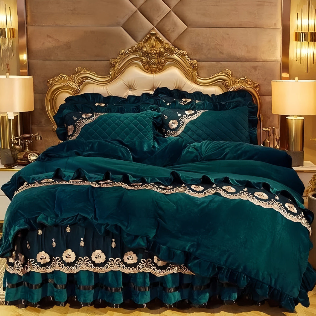 Deep emerald green quilted fleece bedding with princess-style ruffled trim, luxury duvet cover set by LINKORI