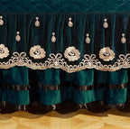 Velvet emerald green bedding set with gold embroidered floral details and layered ruffles, luxury bedroom decor LINKORI