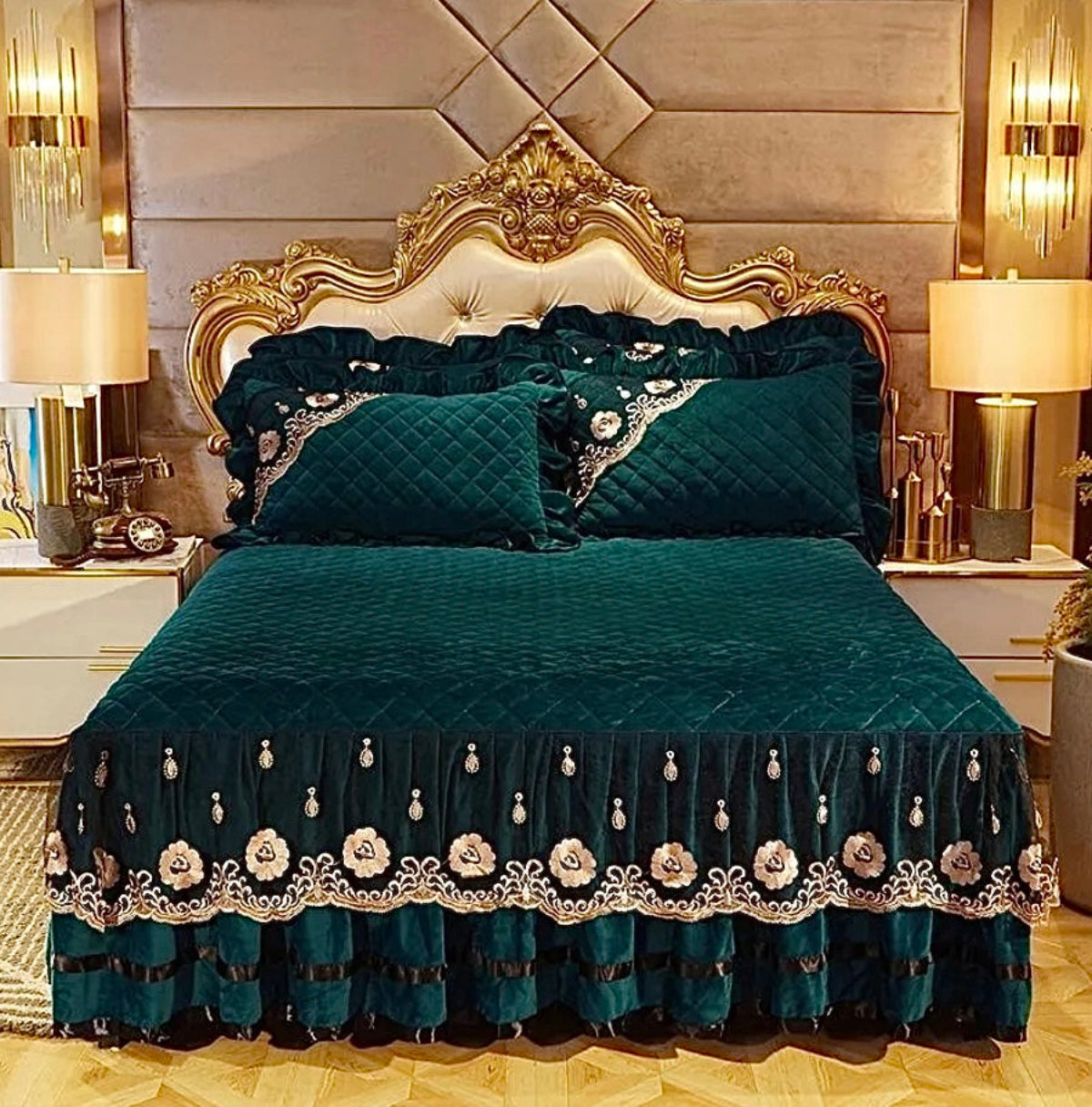 Emerald green velvet quilted bedding with gold trim and ruffled bed skirt, elegant princess duvet cover set LINKORI