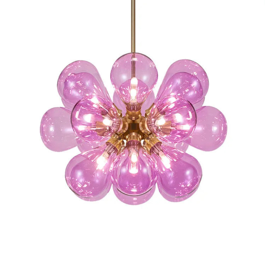 Full close-up of LINKORI FLOBUB chandelier in purple – romantic hand-blown glass bubbles with artistic detail