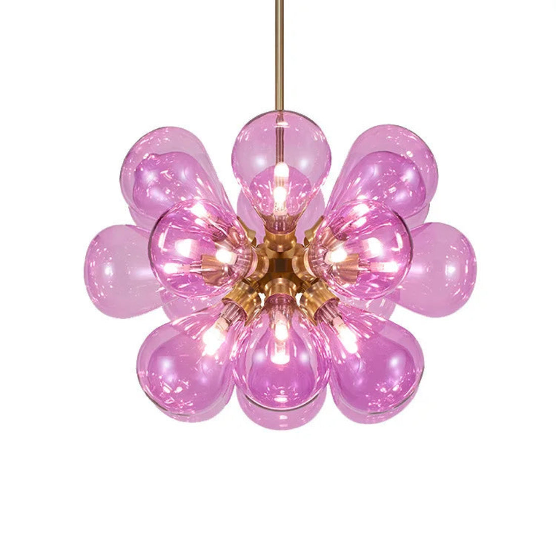 Full close-up of LINKORI FLOBUBBLE chandelier in purple – romantic hand-blown glass bubbles with artistic detail