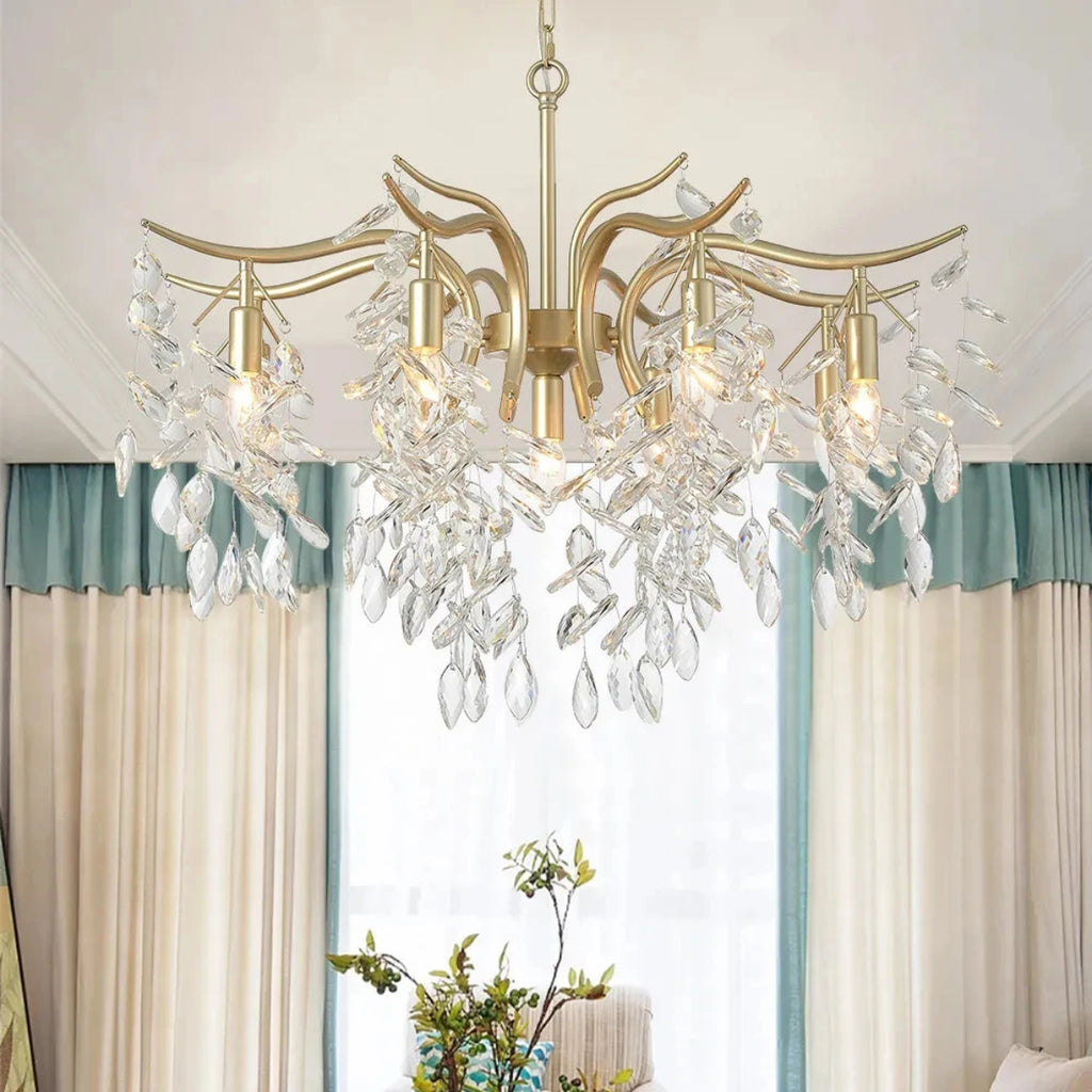 Luxury Gold Crystal Chandelier – Artistic Leaf Pendant Light for Living Rooms