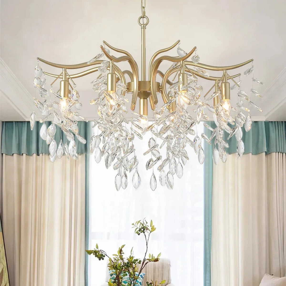 Luxury Gold Crystal Chandelier – Artistic Leaf Pendant Light for Living Rooms