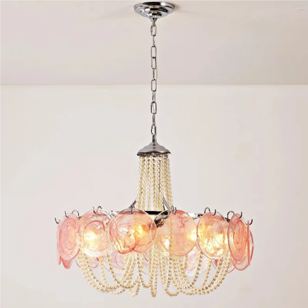 Classic interior with pink glass disc chandelier — pearl-beaded Hollywood Regency pendant, traditional décor, dining room chandelier / foyer lighting | LINKORI PALACE classic view