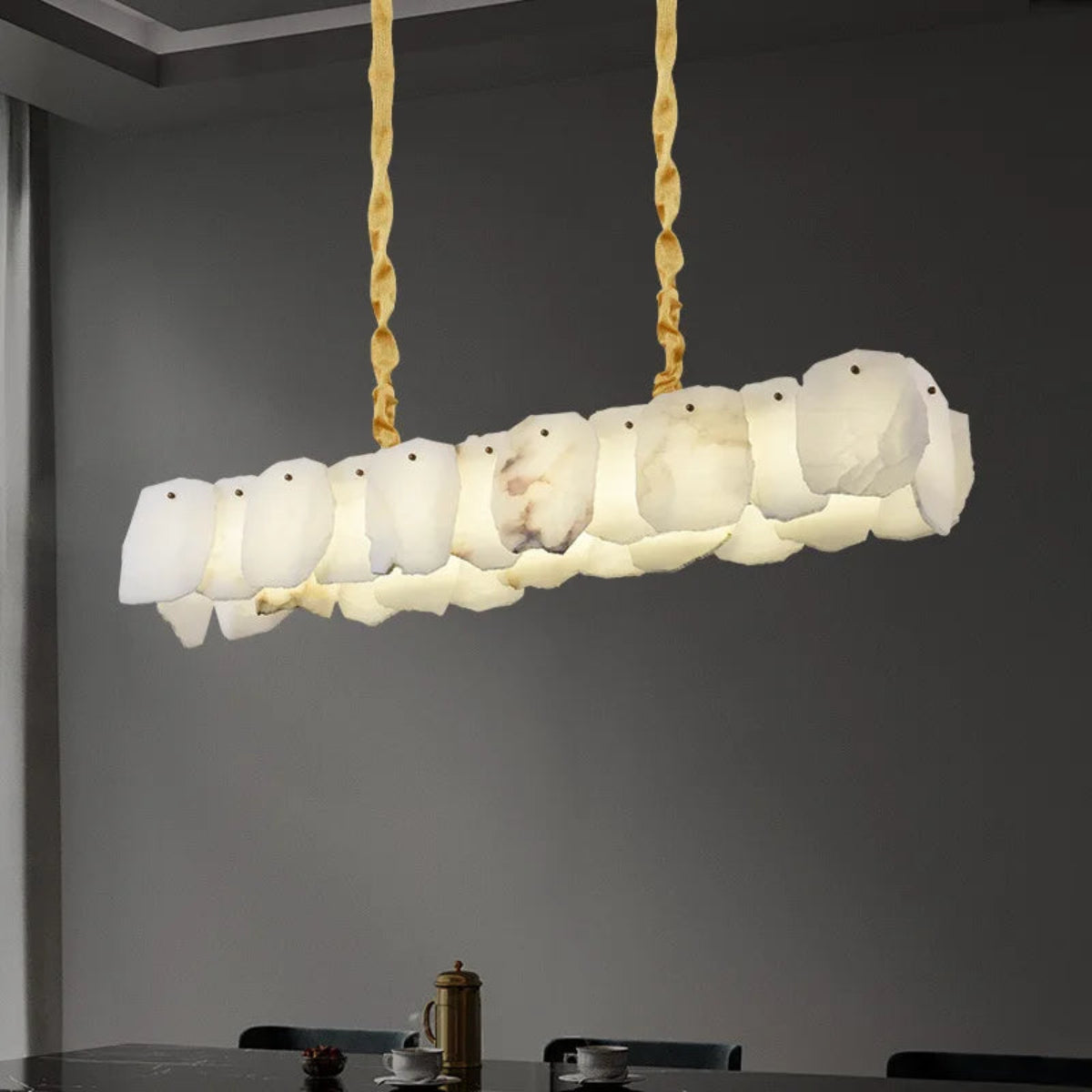 Alabaster linear statement chandelier, brushed gold finish, E27 LED, 50,000h lifespan, global voltage 85–265V — modern dining space — LINKORI SQUATRA