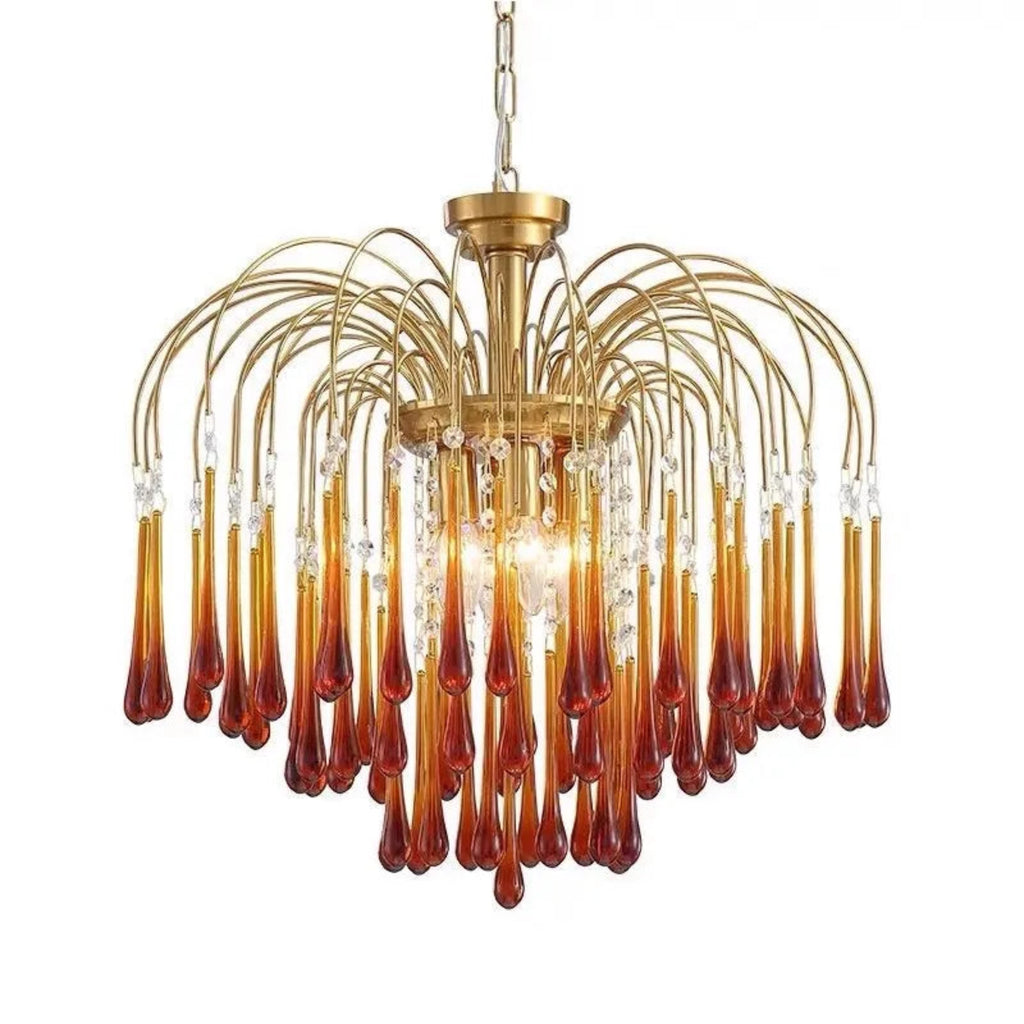 vintage amber glass chandelier with raindrop design, luxury gold statement pendant for contemporary dining room 