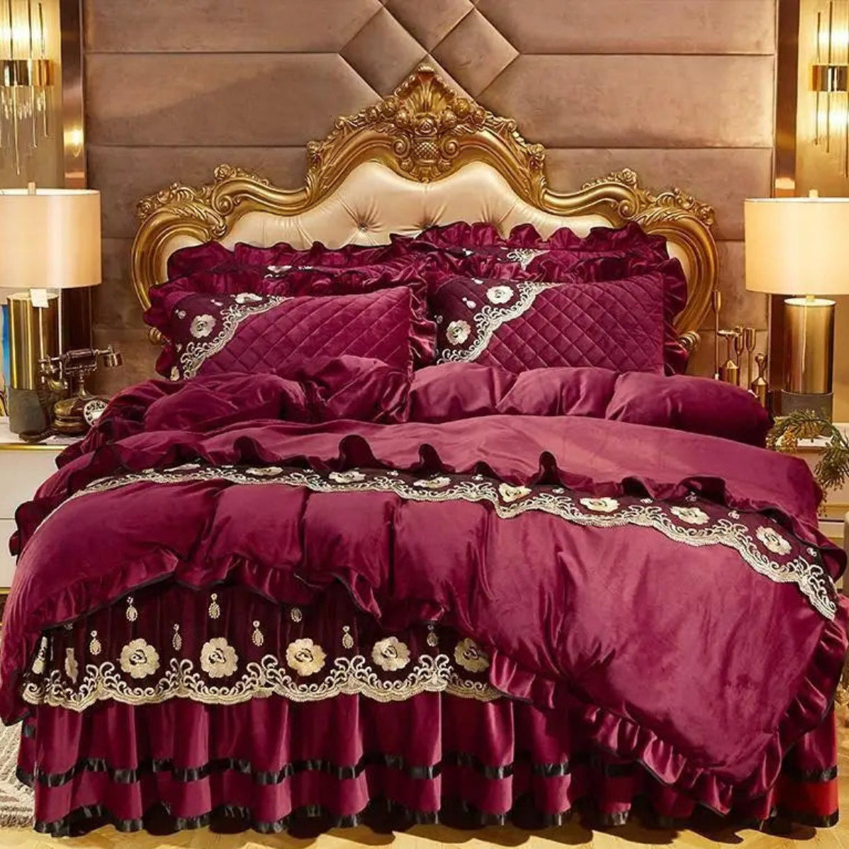 Burgundy velvet duvet set styled for boutique hotel bedroom and royal luxury interiors