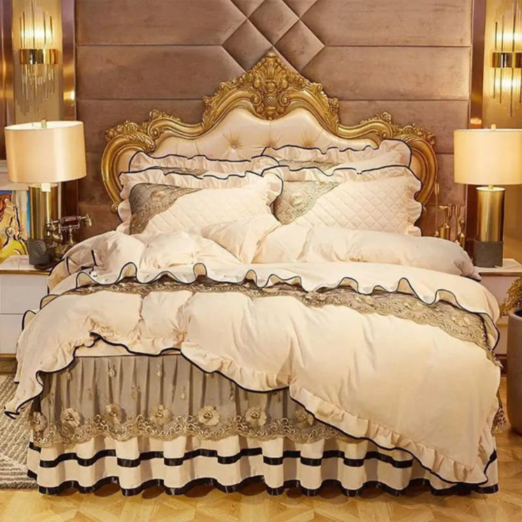 Cream ivory velvet ruffled duvet cover set with gold embroidered floral trim, luxury fleece bedding for romantic bedrooms LINKORI