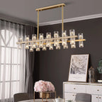 Luxury gold crystal linear chandelier with hexagonal glass prisms in modern luxury dining room interior – LINKORI HEXANDLE