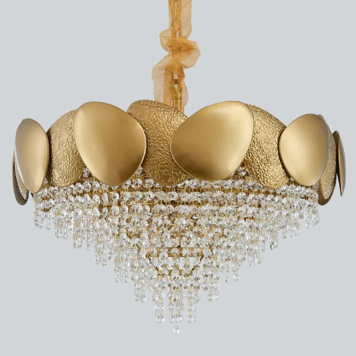 Luxury Crown Crystal Chandelier – Gold Statement Pendant Light with Cascading Beads for Luxury Dining Rooms