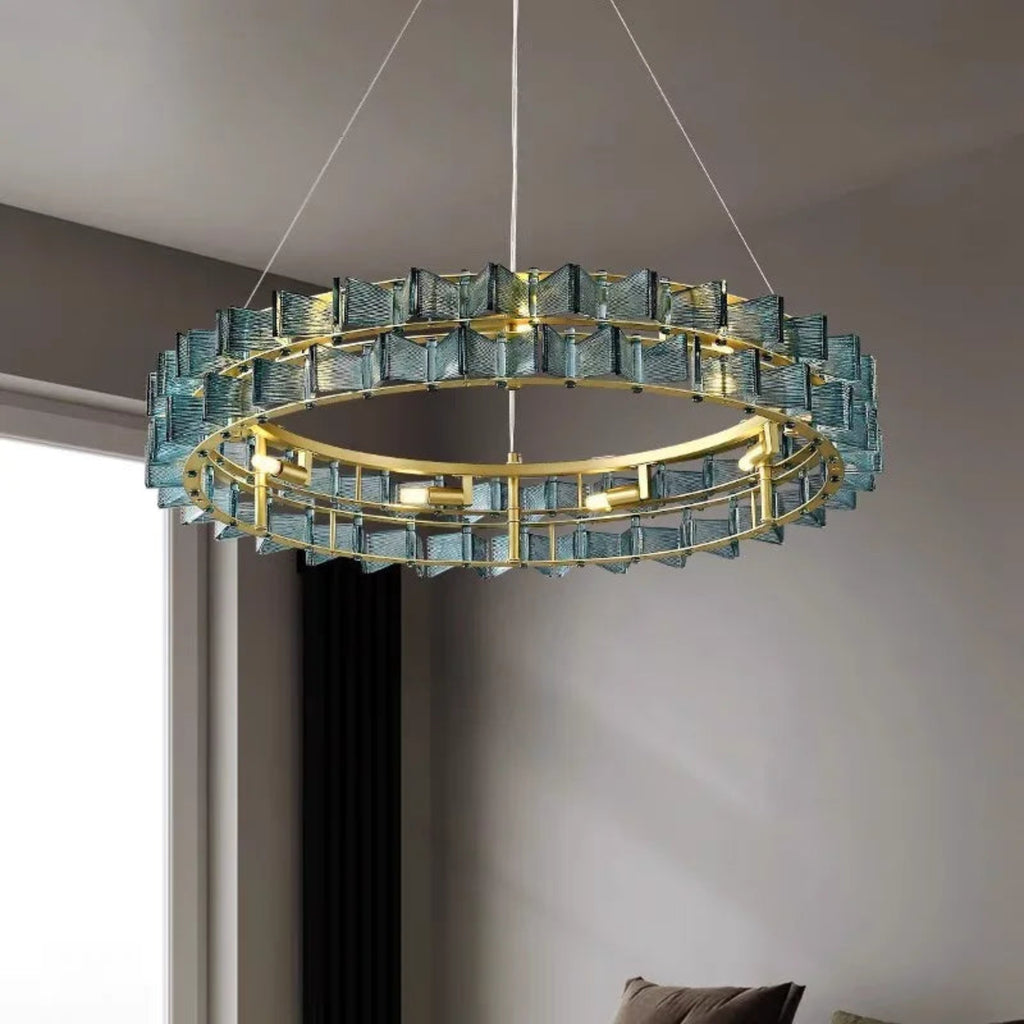 Interior shot of PRUTIKE chandelier illuminating a refined living space with sculptural lighting and ambient glow