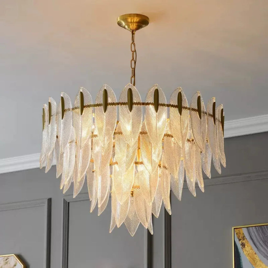 modern dining room with 4-tier crystal chandelier in vintage gold, sculptural statement pendant light – LINKORI GLEATERA