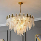 modern dining room with 4-tier crystal chandelier in vintage gold, sculptural statement pendant light – LINKORI GLEATERA