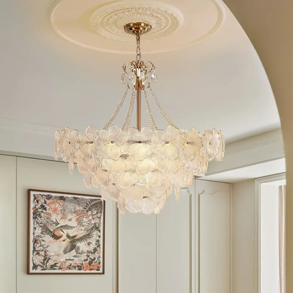 Elegant classic room with LINKORI SHALOLLYE chandelier glowing in warm light, enhancing crown molding and ornate detailing.