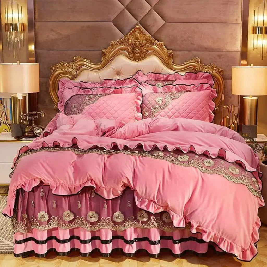 Blush pink velvet ruffled duvet cover set with golden embroidered florals, luxury princess bedding collection