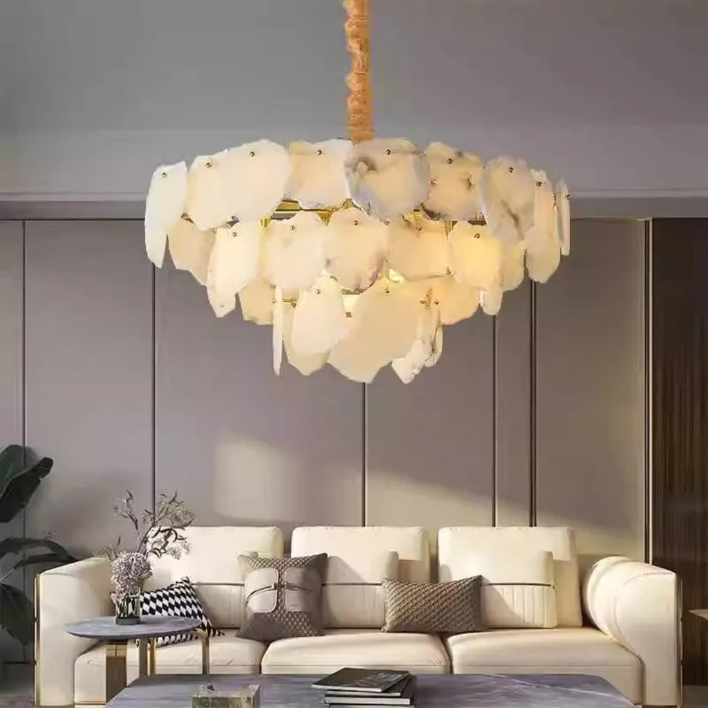 natural alabaster petal chandelier 3-tier gold pendant light — for dining room | LINKORI SHARONI