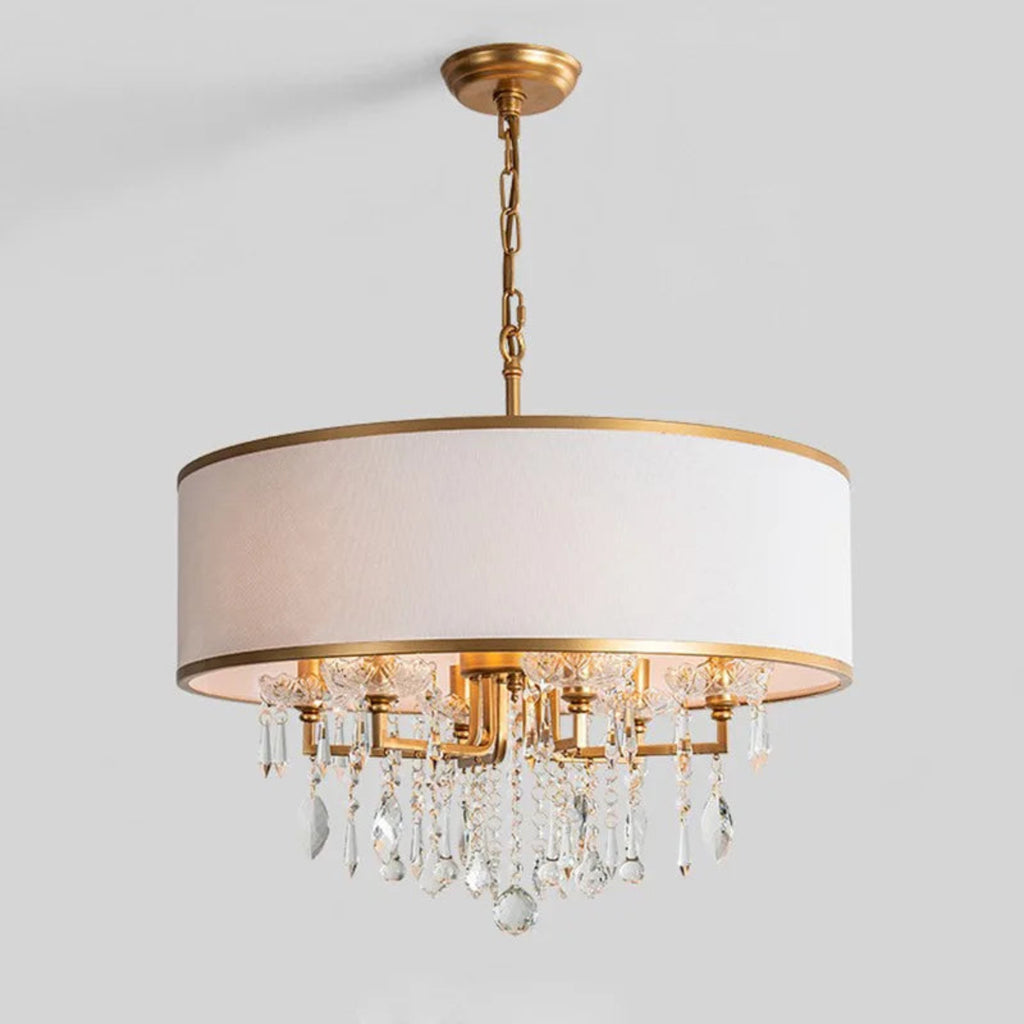 Gold crystal drum chandelier with modern fabric shade, statement ceiling light for dining room and bedroom LINKORI SELLOQ