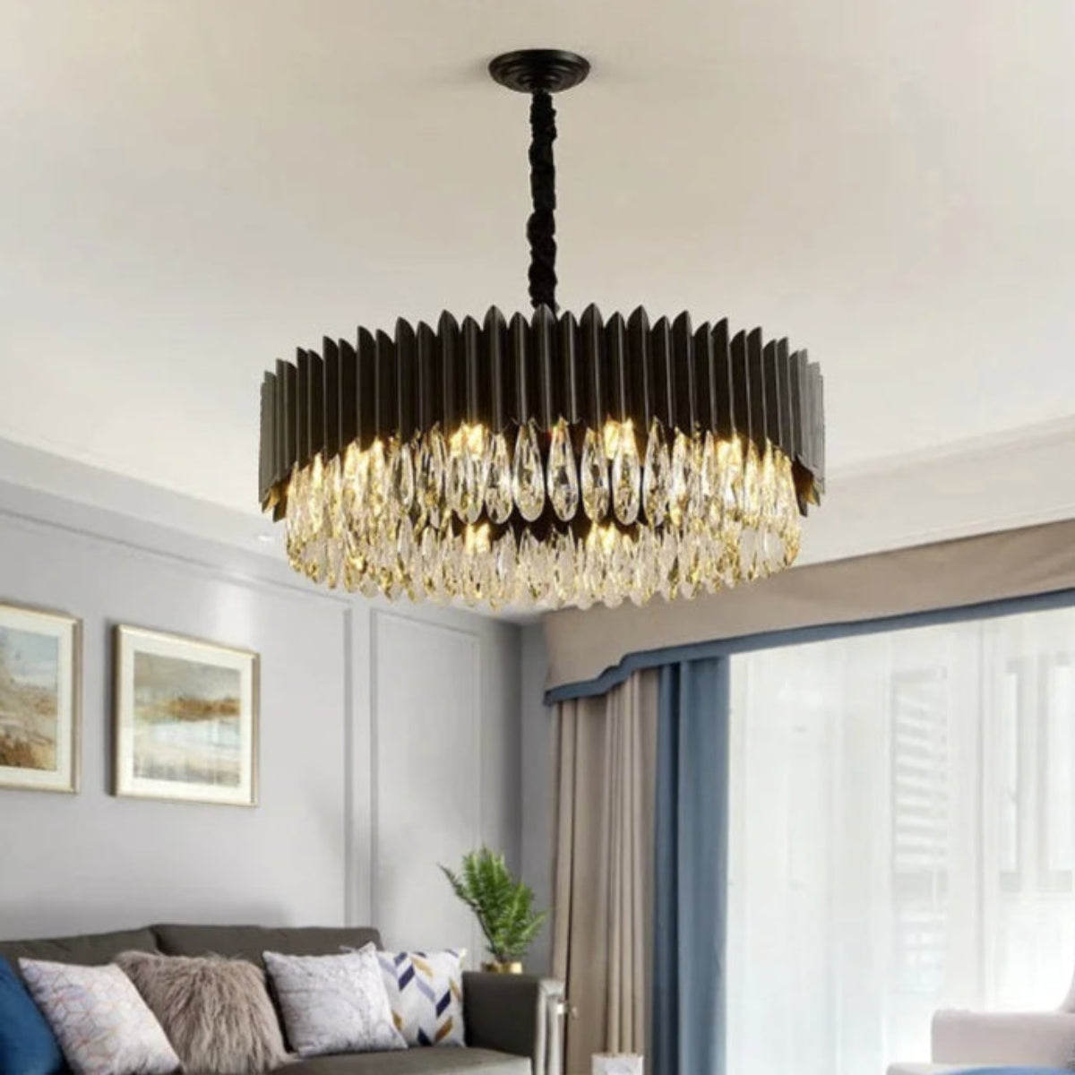 Black crystal chandelier installed in modern living room – black and crystal contrast for elegant ambient lighting