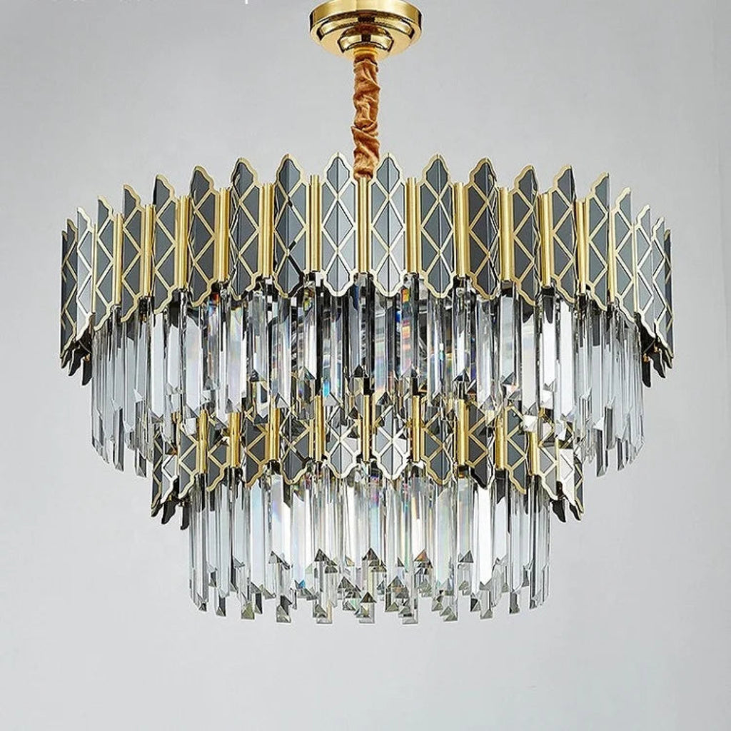 Large geometric crystal chandelier installed in open concept living room showing 31.5-inch diameter scale perfect for vaulted ceiling and family room lighting