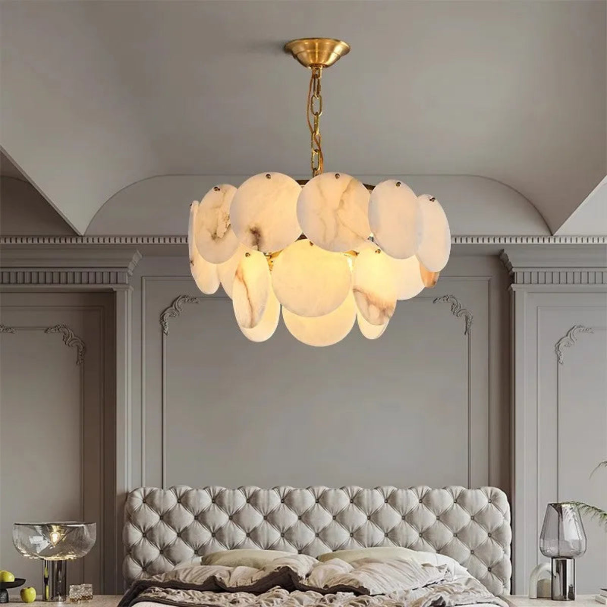 2-tier alabaster chandelier for luxury bedroom interiors, soft warm architectural lighting with hand-carved natural stone discs | LINKORI RODDLE