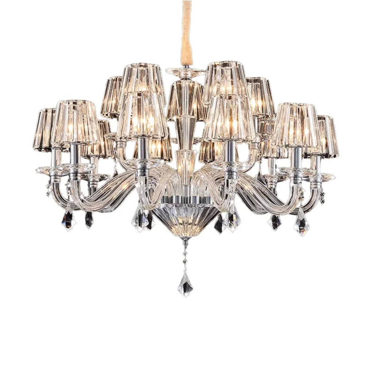 Studio shot of LINKORI LUXULUXE chandelier – 15-light double-tier crystal fixture with fluted glass shades on white background