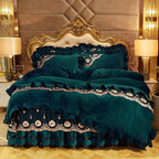 Emerald green velvet duvet cover set with ruffles and gold embroidery, luxury bedding for elegant bedrooms, LINKORI
