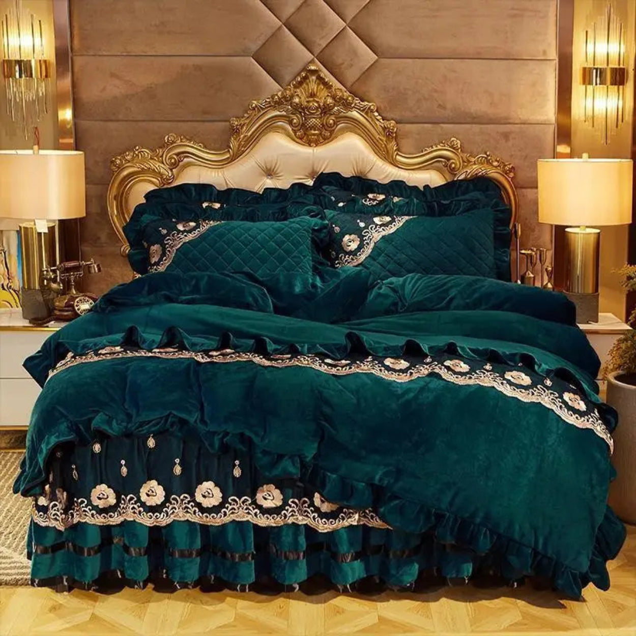 Emerald green velvet duvet cover set with ruffles and gold embroidery, luxury bedding for elegant bedrooms, LINKORI