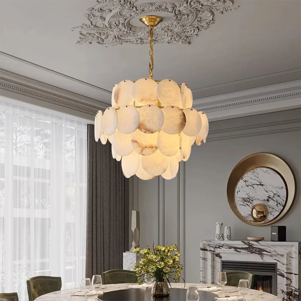Designer alabaster disc chandelier, 4-tier layered gold lighting for kitchen island.