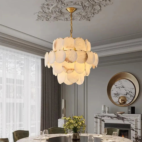 4-tier alabaster chandelier for modern dining room, sculptural natural stone pendant lighting with warm ambient glow | LINKORI RODDLE
