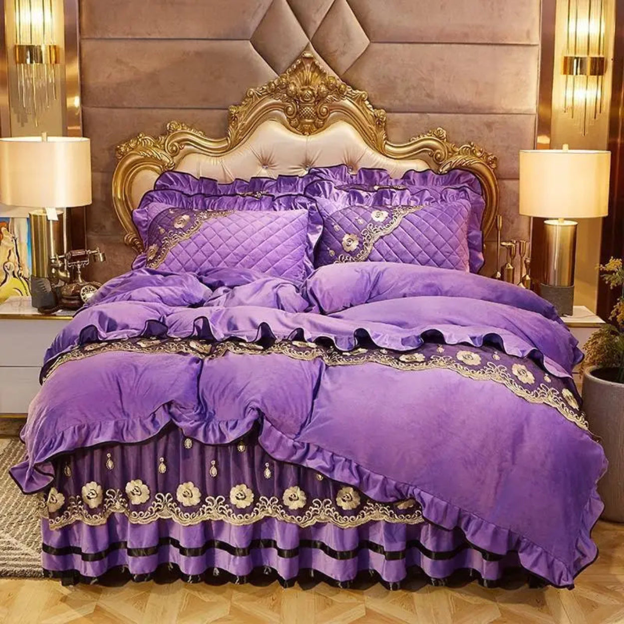 Purple velvet ruffled duvet cover set with golden embroidered florals, luxury princess bedding collection