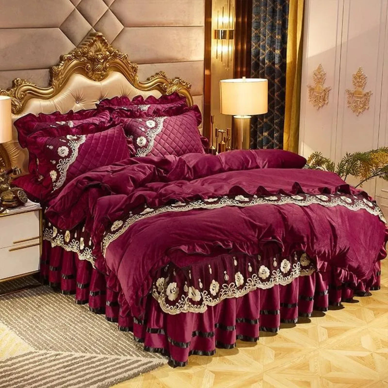 Premium quilted fleece bedding, burgundy velvet duvet cover for luxury palace interiors