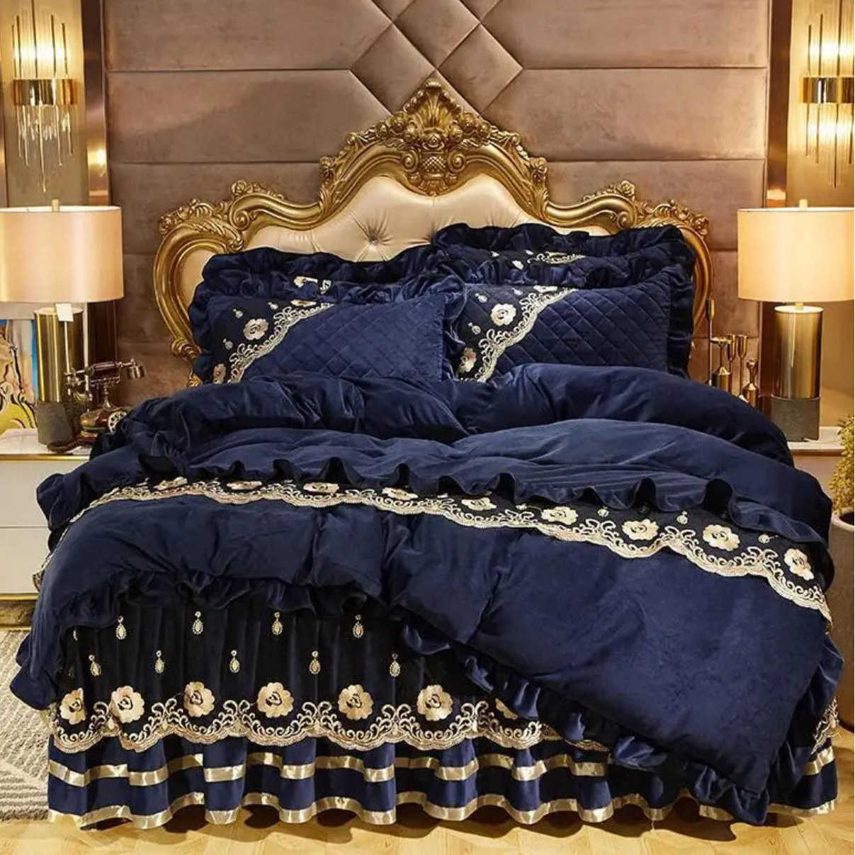 Navy blue velvet ruffled duvet cover set with golden embroidered florals, luxury royal bedding collection