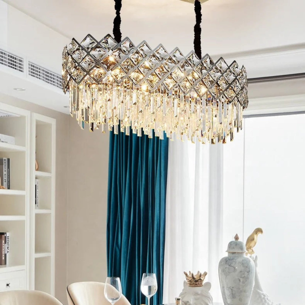 Luxury Rectangular Crystal Chandelier – Black & Gold 10-Light Pendant for Dining Room 
