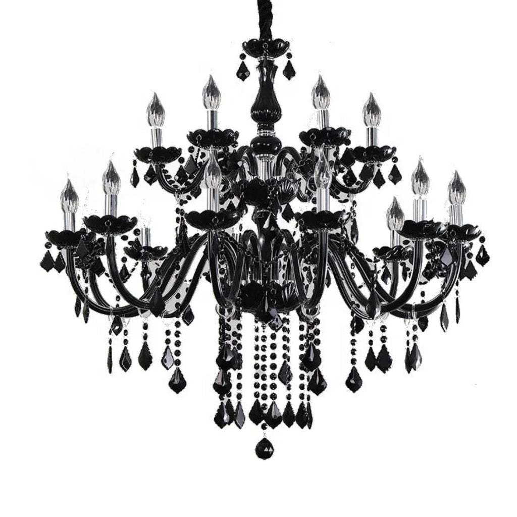 Gothic black crystal chandelier, 18-light, full front view by LINKORI JANJULIQ.