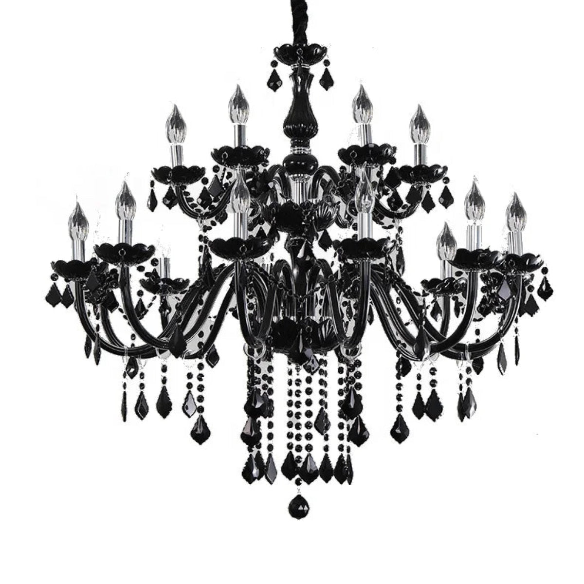 Gothic black crystal chandelier, 18-light, full front view by LINKORI JANJULIQ.