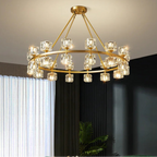 Modern Gold Crystal Chandelier with adjustable LED lighting and geometric crystal cubes in a brushed gold copper frame, perfect for luxury dining rooms.