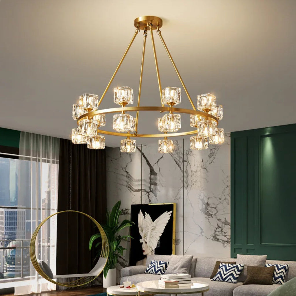 Elegant LED pendant light showcasing a three-dimensional gold crystal cube design, ideal for contemporary living spaces and upscale hospitality interiors.
