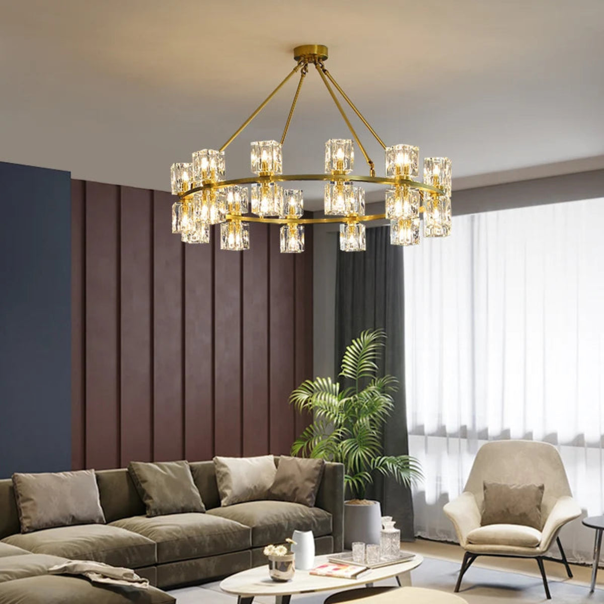 Luxury living room chandelier with adjustable LED technology, geometric crystal cubes, and a brushed gold copper frame creating a stunning centerpiece.