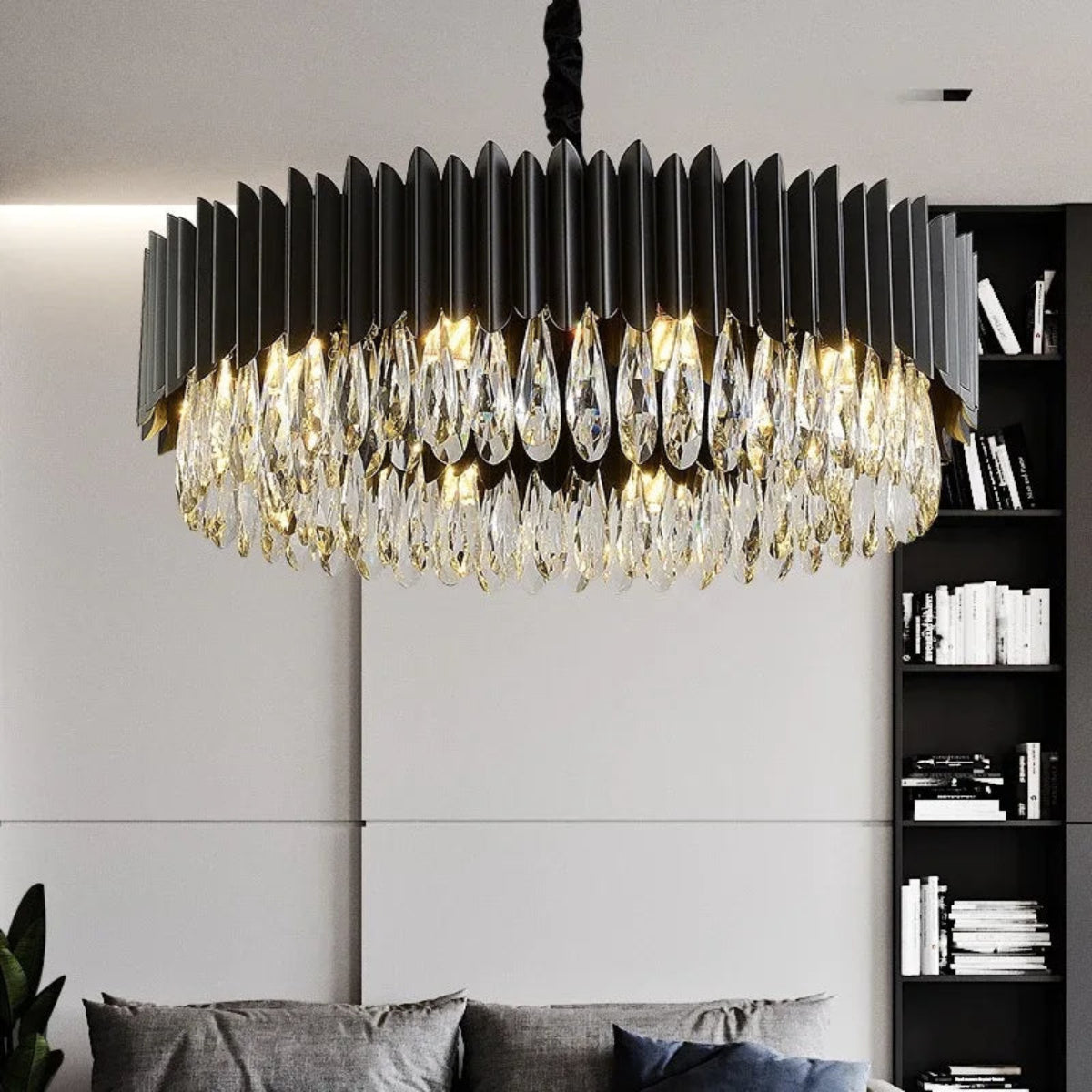 Luxury Crystal Black Chandelier – matte black circular frame with cascading K9 crystal drops in modern interior