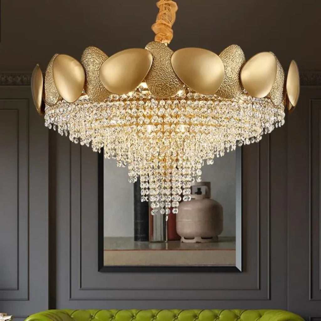 Luxury Crown Crystal Chandelier – Gold Statement Pendant Light for Modern Luxury Living Rooms