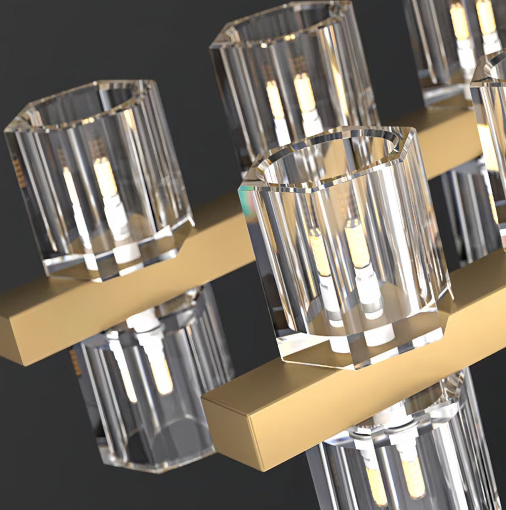 Close-up of sculptural hexagonal crystal glass pendants on gold copper chandelier, luxury modern lighting design – LINKORI HEXANDLE