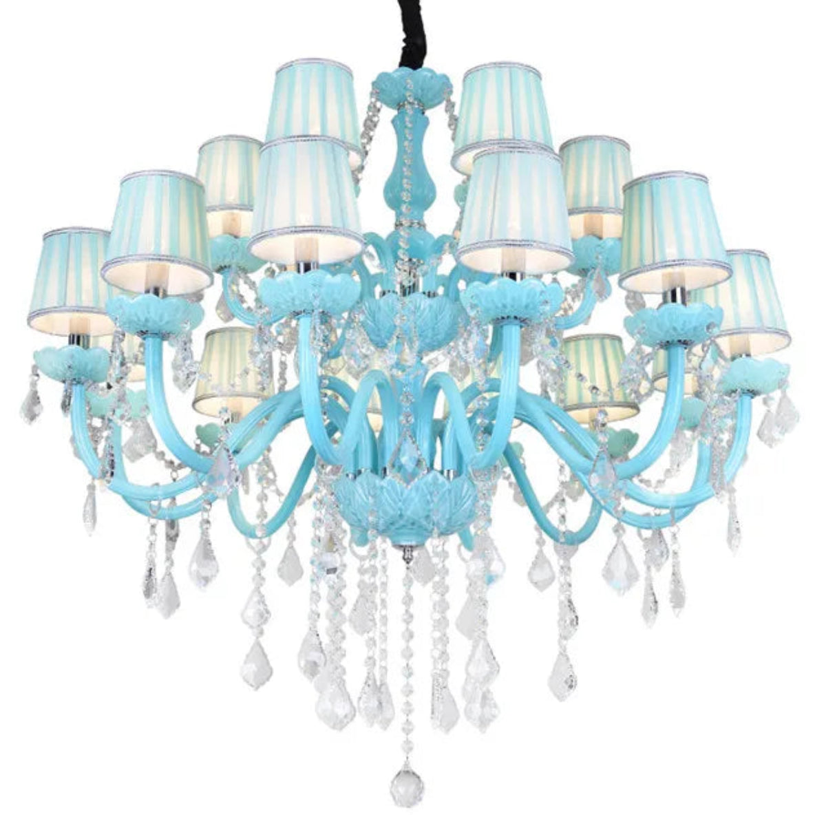 18-light two tier blue crystal chandelier with cascading drops, luxury statement lighting for foyers and large interiors