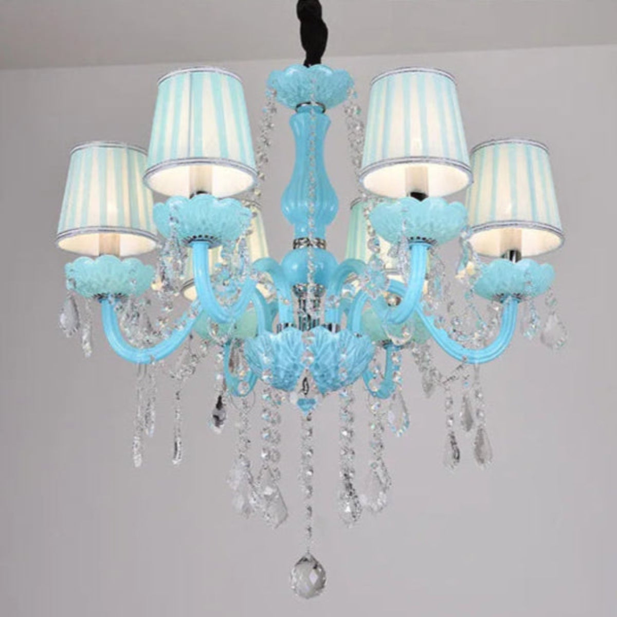 vintage blue crystal chandelier with fabric shades and floral crystal cups, luxury pendant for dining room – LINKORI BLUERA